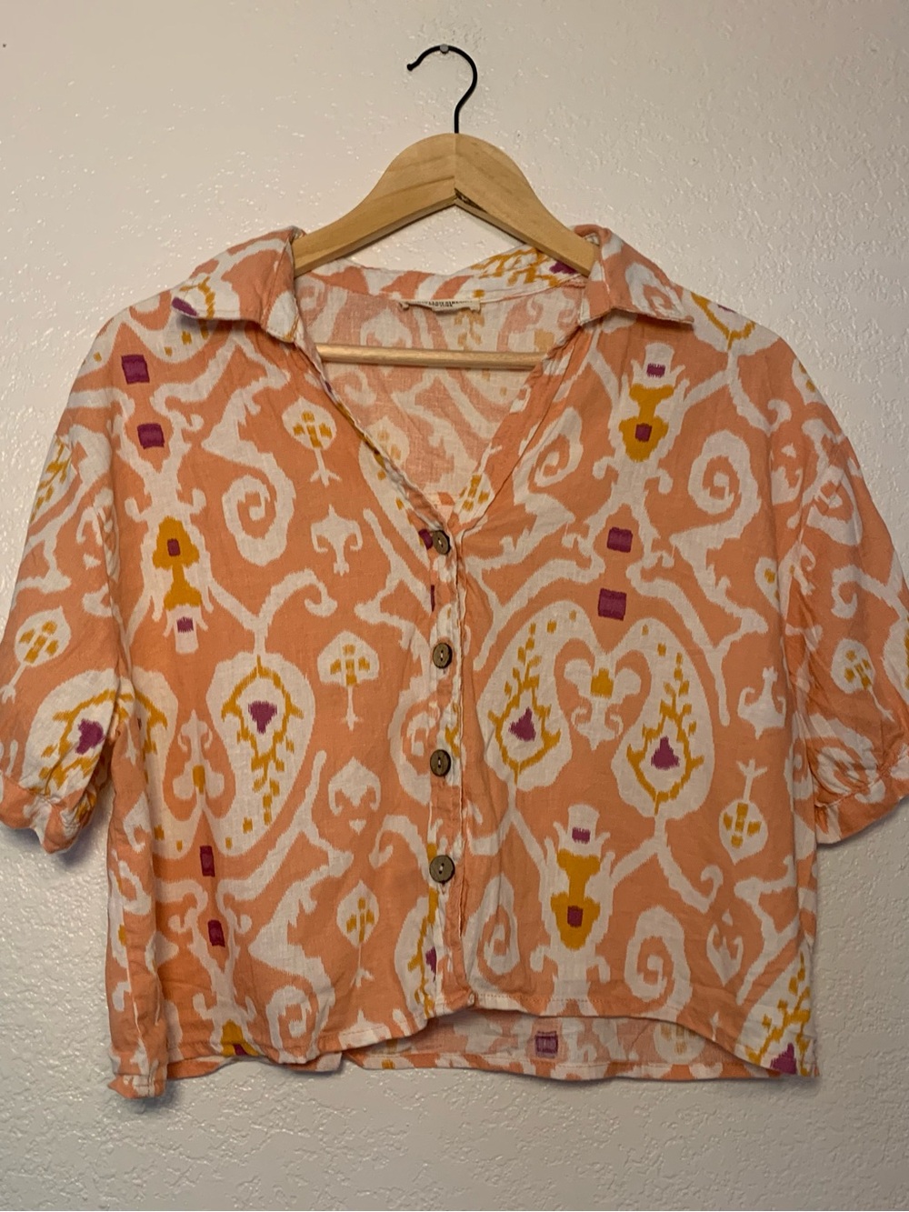 Christian Siriano Linen Rayon Blend Peach White Short Sleeve Button-Down | L